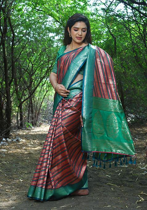 Peach Zari Woven Soft Silk Saree Set