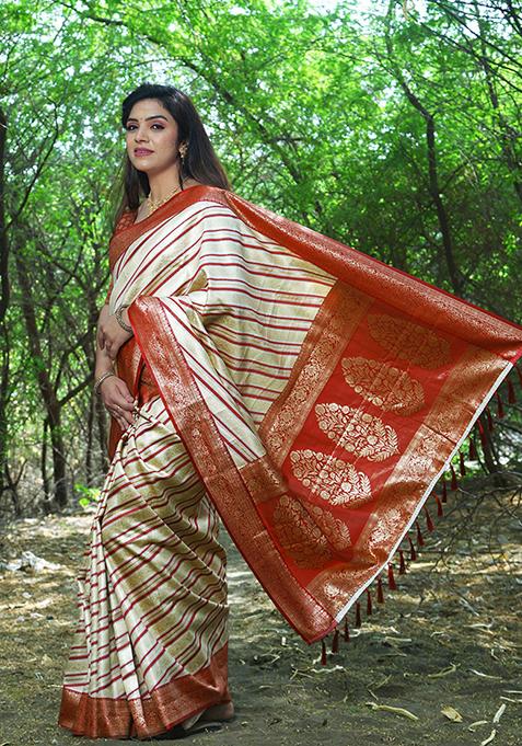 Cream Zari Woven Soft Silk Saree Set