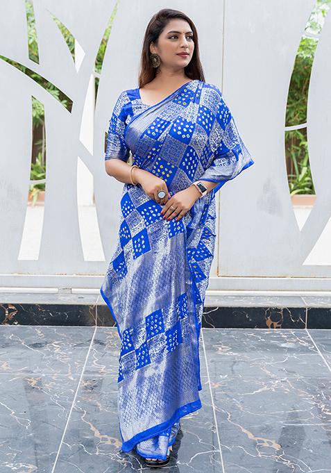 Blue Digital Print Silk Saree Set