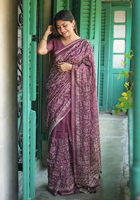 Pink Batik Print Embroidered Tussar Silk Saree Set