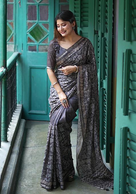 Grey Batik Print Embroidered Tussar Silk Saree Set