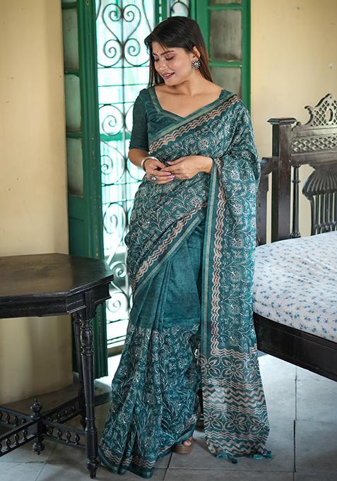 Green Batik Print Embroidered Tussar Silk Saree Set