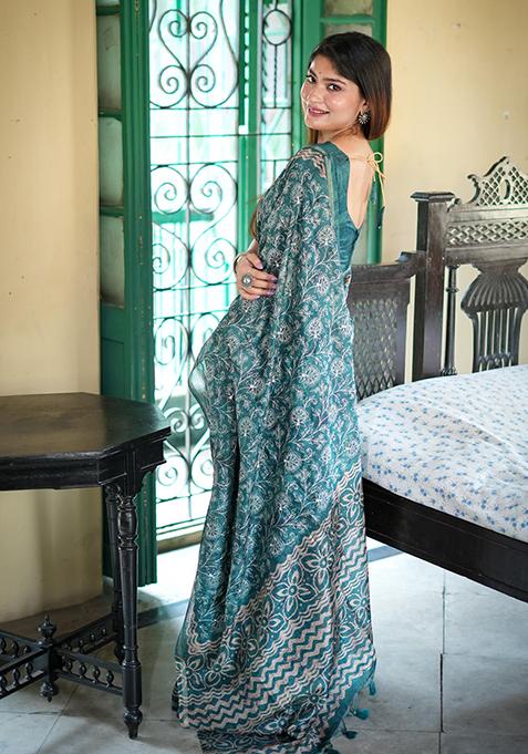 Green Batik Print Embroidered Tussar Silk Saree Set