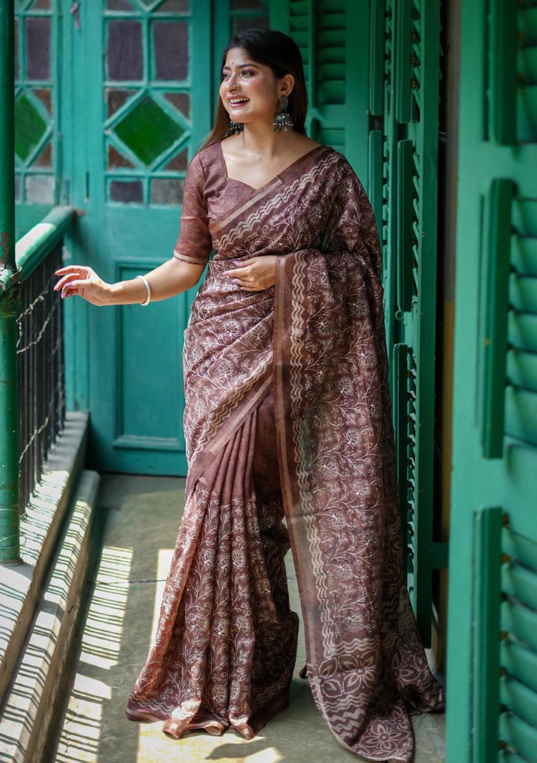 Brown Batik Print Embroidered Tussar Silk Saree Set