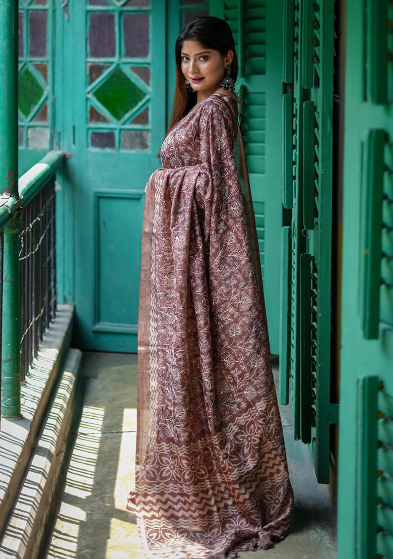 Brown Batik Print Embroidered Tussar Silk Saree Set