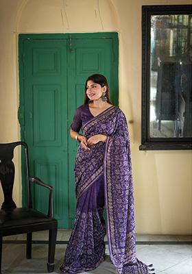 Lavender Batik Print Embroidered Tussar Silk Saree Set