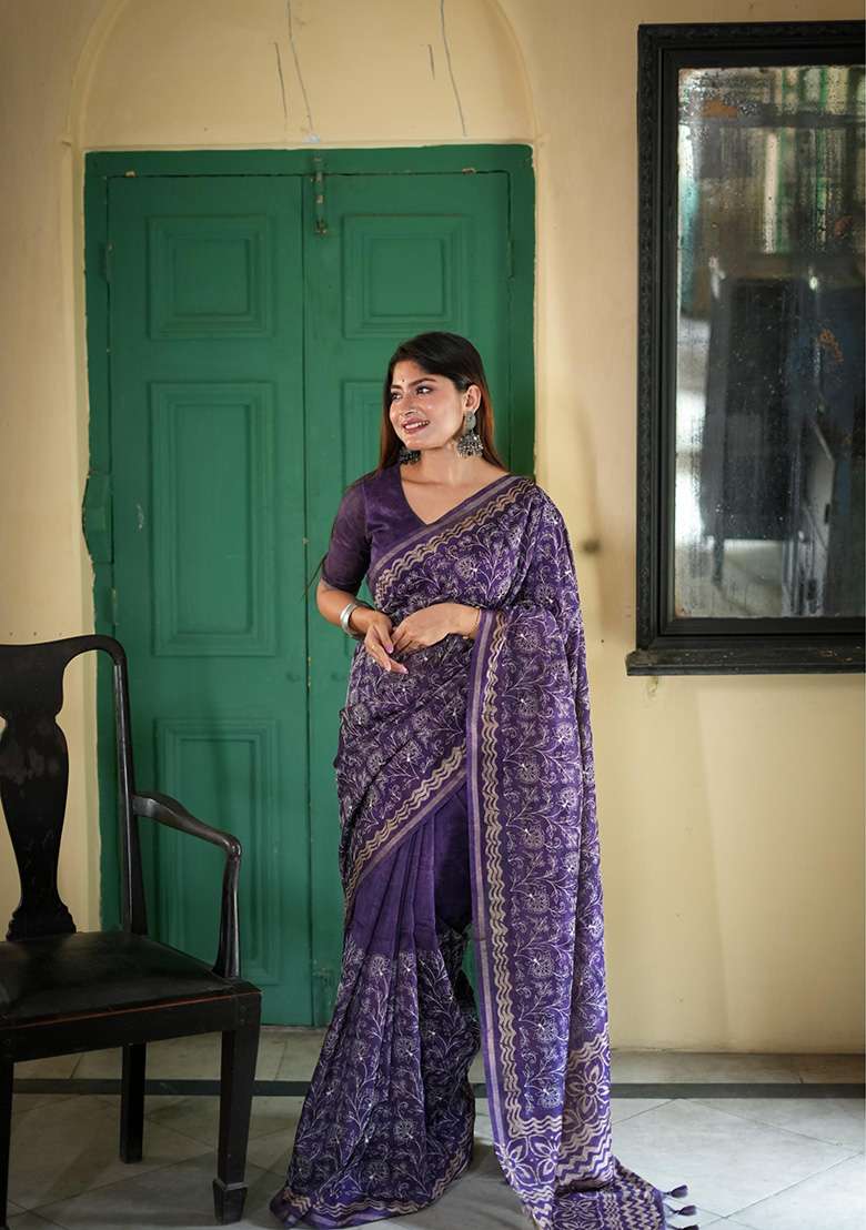 Lavender Batik Print Embroidered Tussar Silk Saree Set - Indya