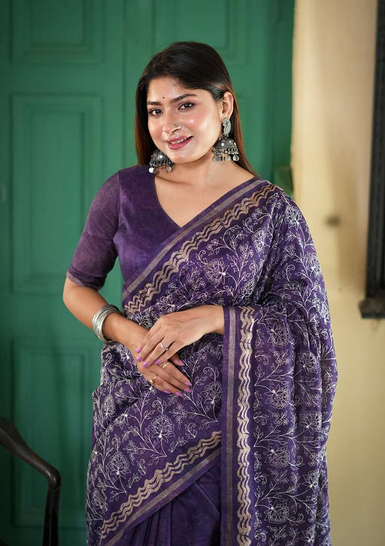 Lavender Batik Print Embroidered Tussar Silk Saree Set - Indya
