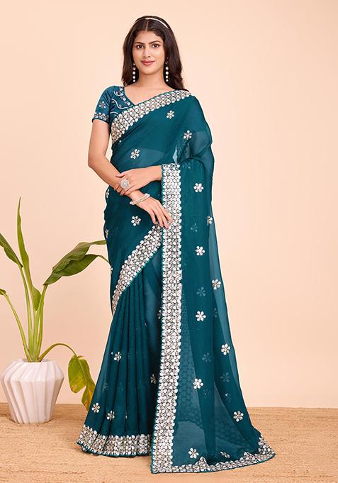 Teal Blue Sequin Embroidered Twinkal Silk Saree Set