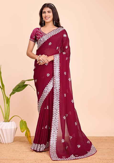 Maroon Sequin Embroidered Twinkal Silk Saree Set