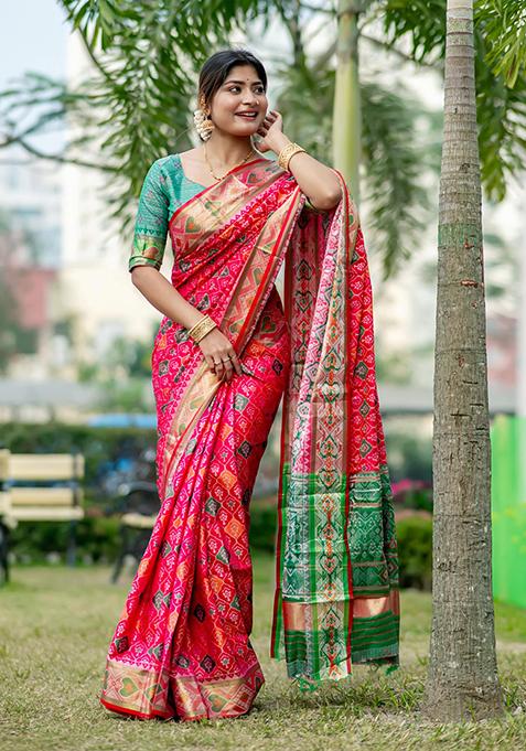 Pink Woven Banarasi Silk Saree Set