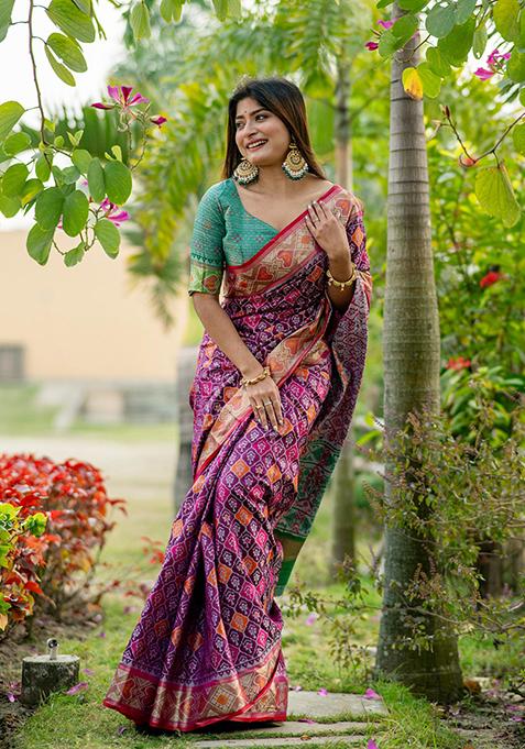 Purple Woven Banarasi Silk Saree Set