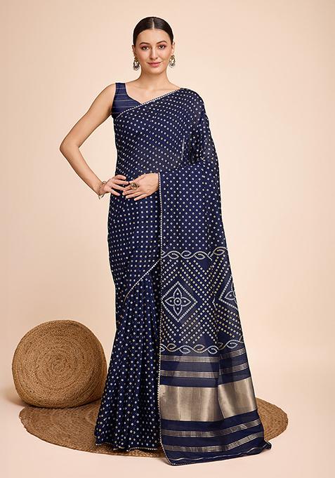 Navy Blue Bandhani Print Faux Cotton Saree Set