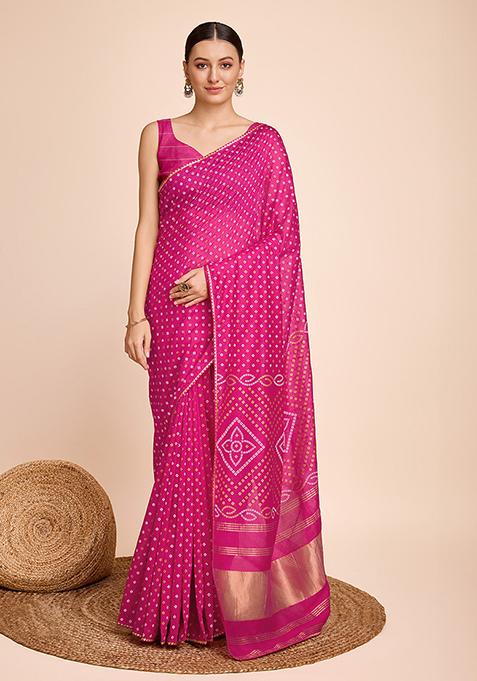 Pink Bandhani Print Faux Cotton Saree Set