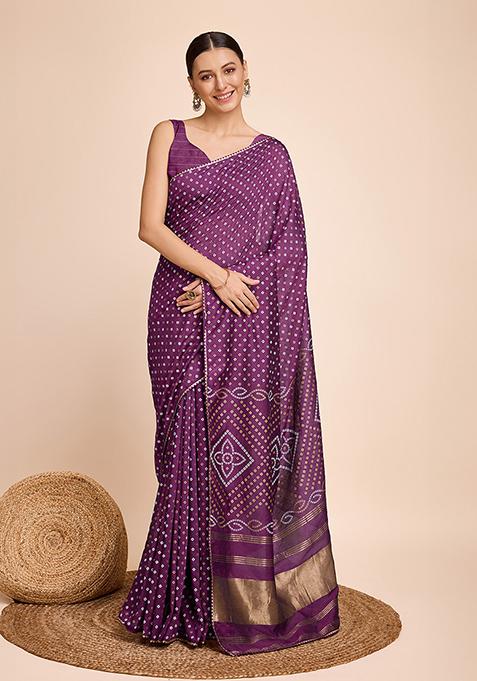 Purple Bandhani Print Faux Cotton Saree Set