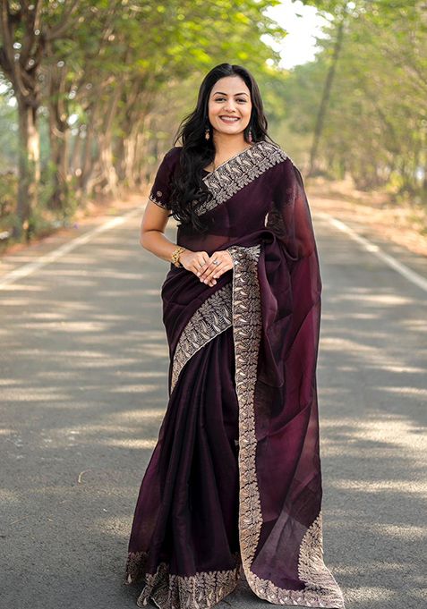 Wine Zari Woven Burberry Silk Saree Set