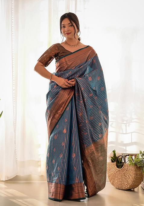 Blue Zari Woven Kanjivaram Silk Saree Set