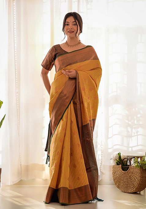 Mustard Yellow Zari Woven Kanjivaram Silk Saree Set