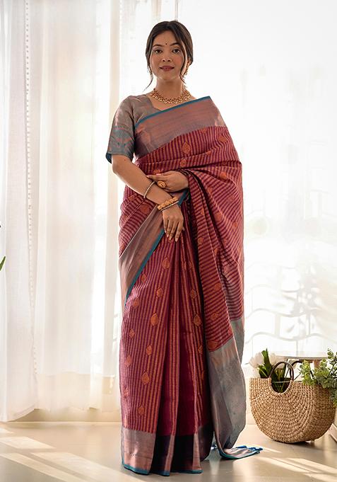 Wine Zari Woven Kanjivaram Silk Saree Set