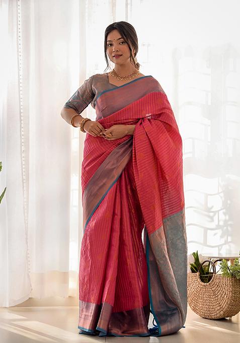 Maroon Zari Woven Kanjivaram Silk Saree Set