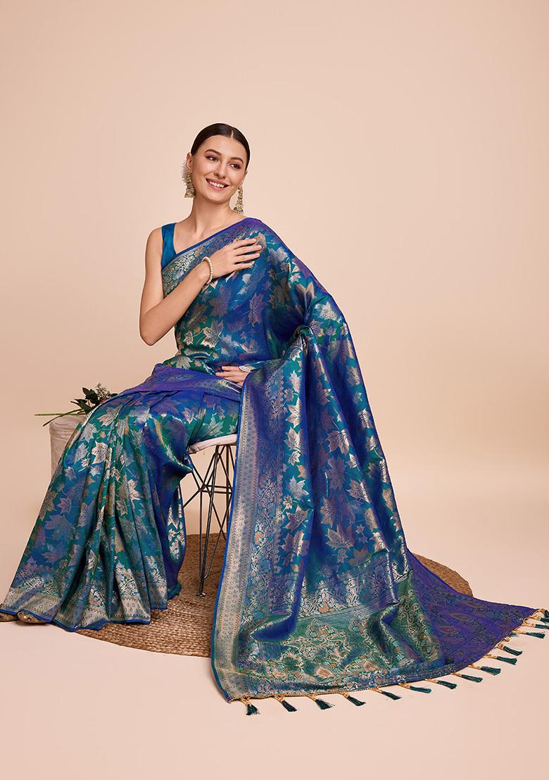 Firozi Zari Woven Handloom Silk Saree Set