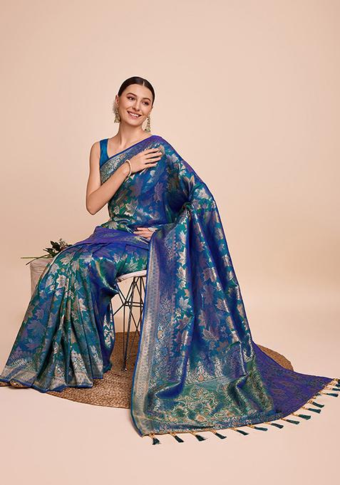 Firozi Zari Woven Handloom Silk Saree Set