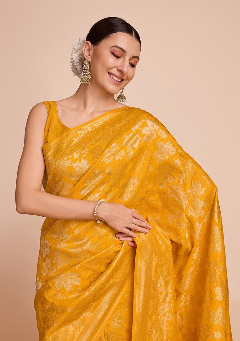 Mustard Yellow Zari Woven Handloom Silk Saree Set