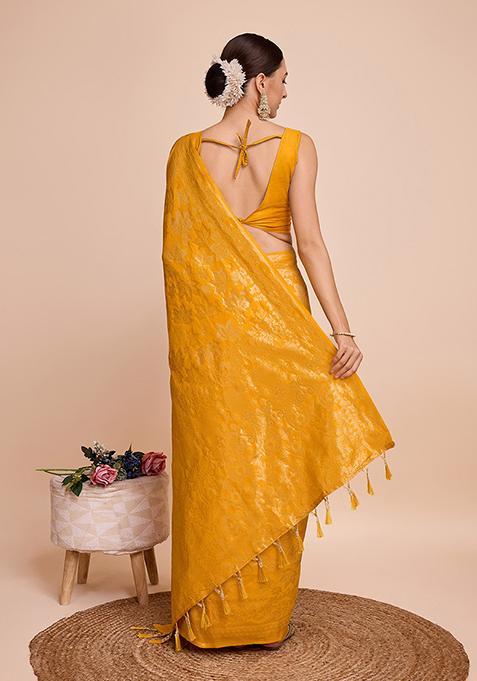 Mustard Yellow Zari Woven Handloom Silk Saree Set