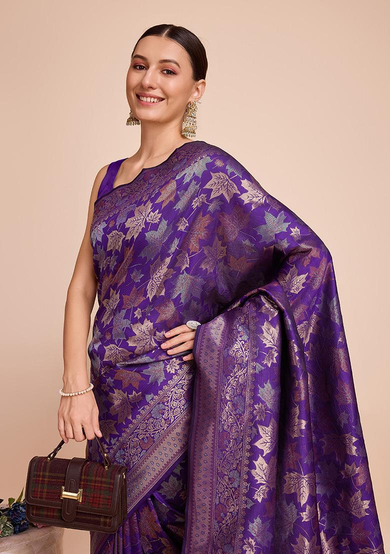 Lavender Zari Woven Handloom Silk Saree Set