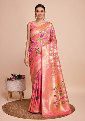 Peach Meenakari Woven Paithani Silk Saree Set