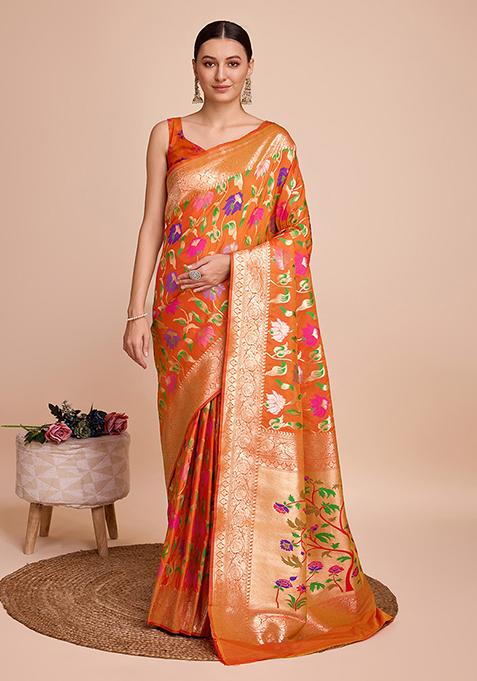 Orange Meenakari Woven Paithani Silk Saree Set