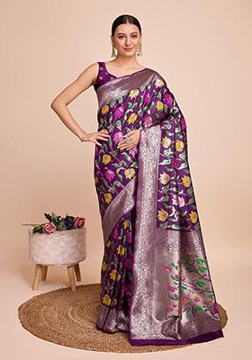 Purple Meenakari Woven Paithani Silk Saree Set