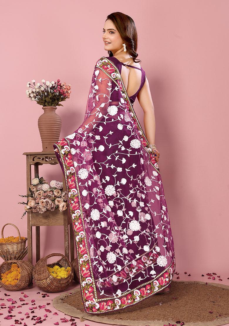 Wine Thread Embroidered Soft Net Saree Set