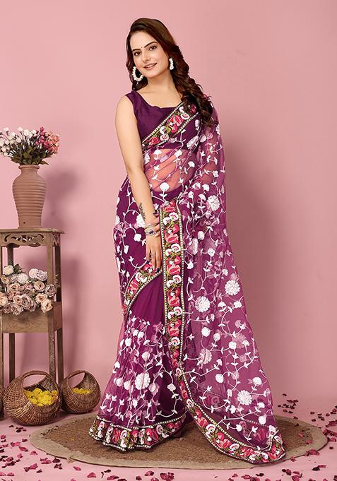 Wine Thread Embroidered Soft Net Saree Set