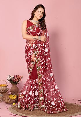Maroon Thread Embroidered Soft Net Saree Set