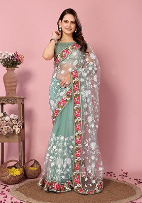 Grey Thread Embroidered Soft Net Saree Set
