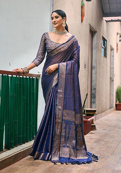 Navy Blue Zari Woven Kanjivaram Silk Saree Set