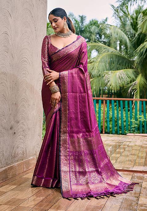 Burgundy Zari Woven Kanjivaram Silk Saree Set