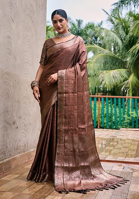 Coffee Brown Zari Woven Kanjivaram Silk Saree Set