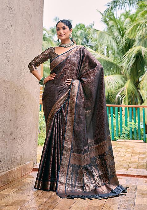 Black Zari Woven Kanjivaram Silk Saree Set