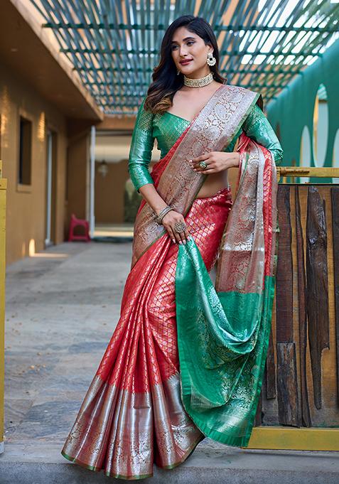 Red Zari Woven Banarasi Handloom Silk Saree Set