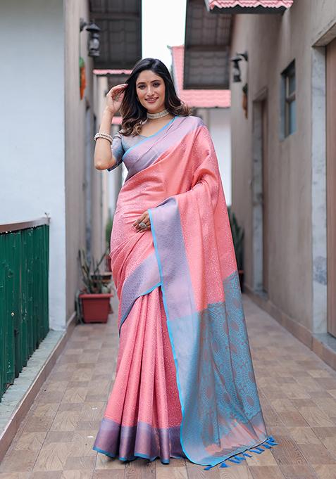 Rust Zari Woven Kanjivaram Silk Saree Set