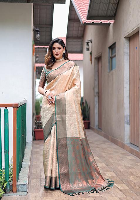 Beige Zari Woven Kanjivaram Silk Saree Set