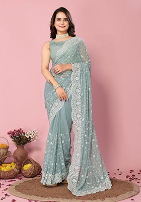 Grey Sequin Thread Embroidered Georgette Saree Set