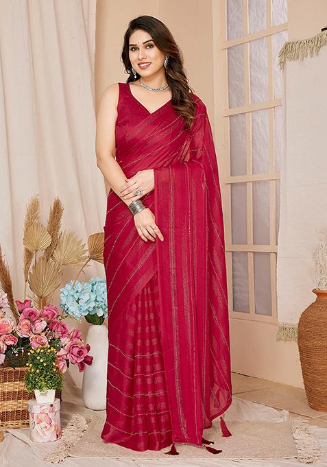 Pink Woven Georgette Saree Set