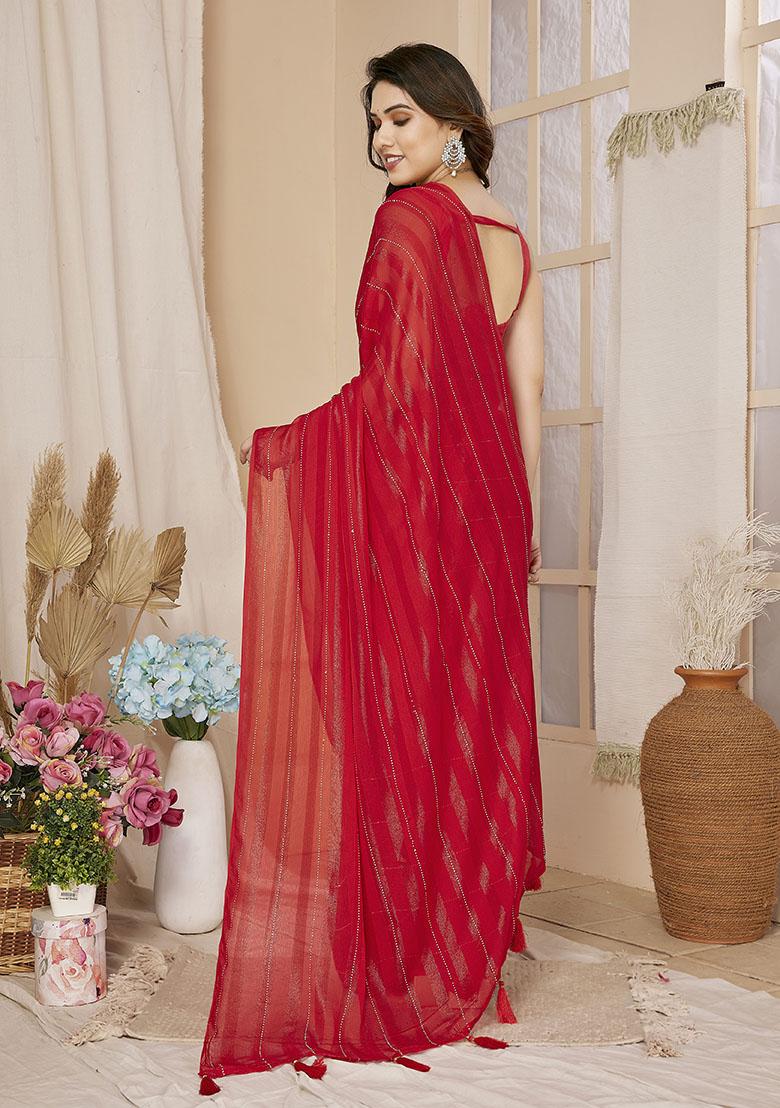 Red Woven Georgette Saree Set