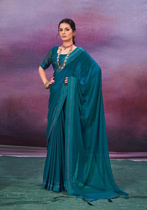 Dark Teal Woven Chiffon Saree Set