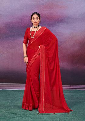 Red And Wine Woven Chiffon Saree Set