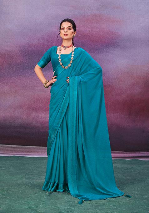 Peacock Blue Woven Chiffon Saree Set