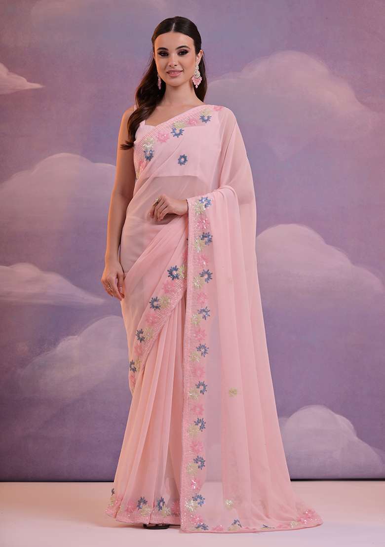 Pink Sequin Embroidered Georgette Saree Set - Indya
